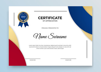 Modern luxury blue red and gold certificate of achievement template with gold badge and border