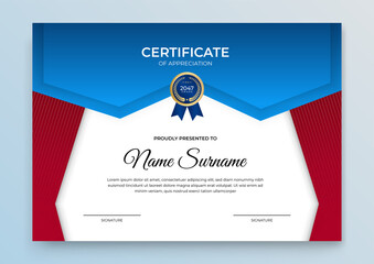 Blue and red certificate of achievement diploma template with gold badge and border. 