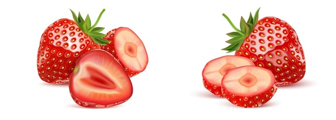 Strawberry fruits set with strawberries slice of pieces element in the middle on white background. Realistic vector in 3D illustration.