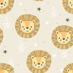 Seamless pattern with lion. Cute little lion cartoon style. Vector pattern.