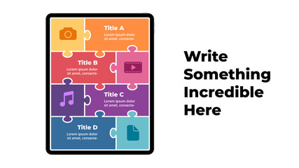 Ipad mock up. Puzzle infographic slide template. Electronic device presentation. User interface and experience tablet screen. 