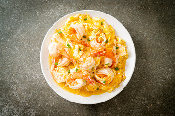 creamy omelet with shrimps or scrambled eggs and shrimps