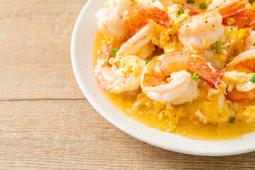 creamy omelet with shrimps or scrambled eggs and shrimps