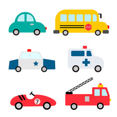 Baby city cars set. Funny transport. Cartoon vector illustration in simple childish flat style for kids. The fire engine, ambulance, police, school bus and racing isolated on white
