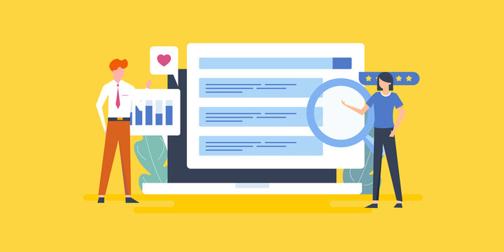 Digital marketing team working on seo campaign, social media promotion and business data analysis. Office man and woman analysing report diagram concept. Flat design illustration banner.