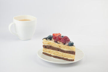 Mix berry cheese slice cake on plate on white background