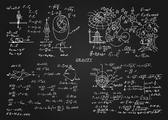 The law of force of gravity. Physical equations, formulas and schemes on chalkboard. Vector hand-drawn illustration. Vintage scientific and educational background.