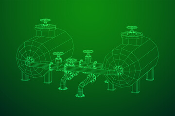 Oil tank storage of flammable materials and pipeline with valve. Finance economy polygonal petrol production. Petroleum fuel industry transportation line. Wireframe low poly mesh vector illustration.
