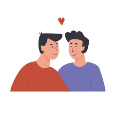 Cute gay couple. Portrait of adorable young men flirting with each other. Homosexual romantic partners on date. Concept of love, passion and homosexuality. Flat cartoon isolated vector illustration.
