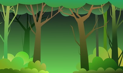 Forest trees vector. Dense wild plants with tall, branched trunks. Summer green landscape. Flat design. Cartoon style. Vector