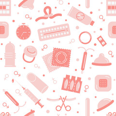 Birth control methods. Contraception colored flat icons in circle. Set of vector elements for safe sex. Female and male contraceptive items. Vector flat style illustration.