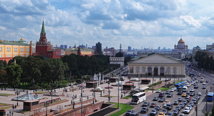 Fototapeta na wymiar Sunny aerial view on Kremlin, Red Wall and Mokhovaya street