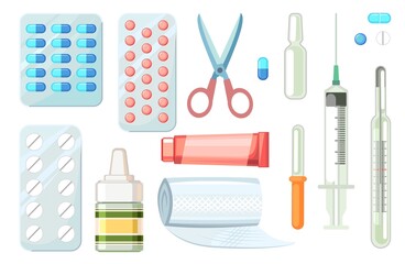 Medicines set. Illustration with pills, spray, bandage, ointment, syringe, thermometer and pipette. Medicinal drugs. Pharmaceuticals. Ambulance. Pharmacy. Isolated Vector