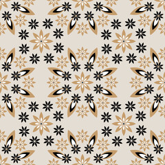 Fototapeta premium Floral geometric pattern with intersection of beige, white, black flowers in a simple shape. Stylish fractal texture. Vector drawing to fill the background, laser engraving and cutting, ceramic tiles