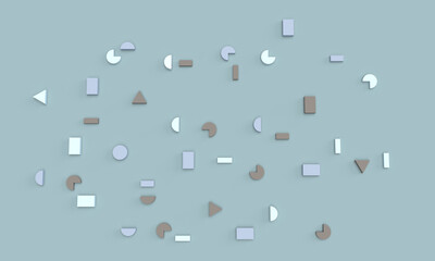 Abstract pattern of geometric purple, gray shapes on a dark background. Top view. The shapes are triangles, circles, rectangles. 3d rendering.