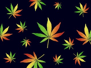 Illustration Reggae Colored Cannabis Leaf in dark background.