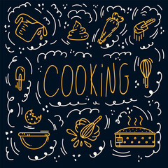 A pattern with baking ingredients. Pattern for baking dough, cookies, sponge cake. Mixers, spatulas, spoons, flour, bowl, cream, pie. Linear vector doodle background for baking textiles. . Vector illu