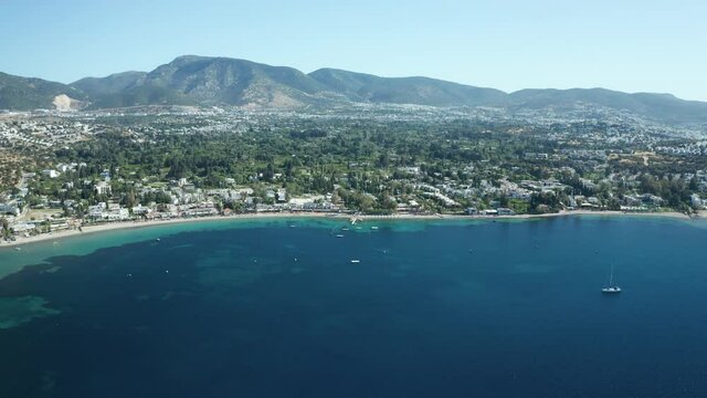 Amazing panoramic aerial 4k view from drone of beautiful bay of Bitez and Bodrum city in Bodrum on a bright and sunny day in Mugla province in Turkey