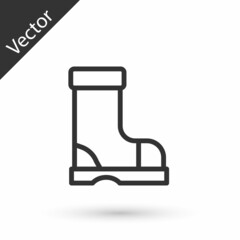 Grey line Waterproof rubber boot icon isolated on white background. Gumboots for rainy weather, fishing, gardening. Vector