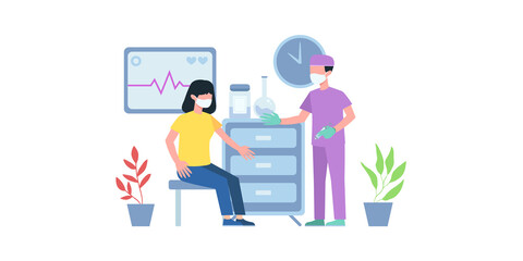 Coronavirus vaccination. Pediatrician, medical healthcare. Vaccine polio and flu for adult. Medication and health protection vector concept. Pediatrician vaccination, doctor healthcare illustration