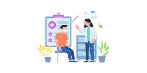 Obraz premium Coronavirus vaccination, doctor injecting a patient, getting first shot of covid vaccine in arm muscle. Medical doctor in protective suit and mask, process of immunization against covid-19, vector