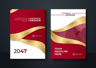 Red gold brochure design template. modern gold and red design template for poster flyer brochure cover. Graphic design layout with wave graphic elements and space for photo background