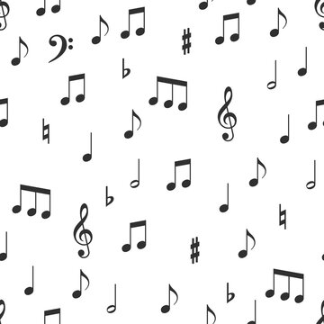 Musical background. Music notes and musical symbols, on a white background. Seamless vector pattern for music covers or wrapper.