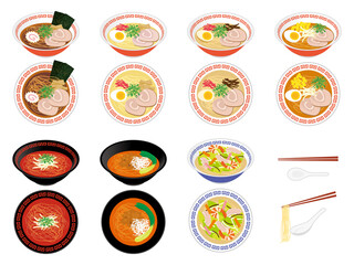 ラーメン、担々麺、ちゃんぽんセット　Various Noodles Vector Illustration