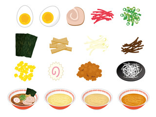 ラーメンとトッピングのセット　Ramen and toppings vector illustration