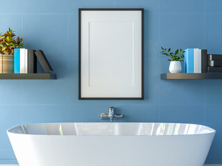 3D Modern interior of bathroom with mockup poster frame