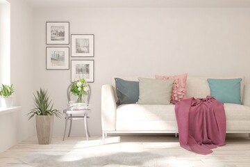 Modern living room in white color with sofa. Scandinavian interior design. 3D illustration