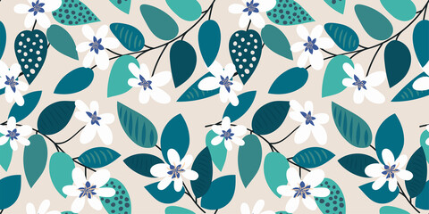 Beautiful seamless floral pattern with blooming branches on a light background. White flowers and emerald-blue-green leaves. Botanical print in a hand-drawn style. Asian motifs. Vector illustration. - 451545155