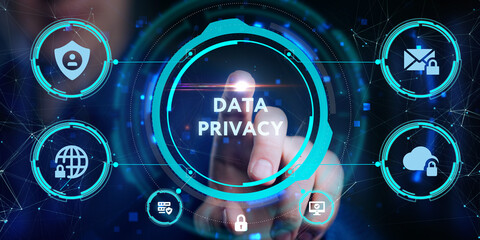 Cyber security data protection business technology privacy concept. Young businessman  select the icon Data privacy on the virtual display.