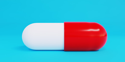 Pill capsule on a blue background in extreme closeup. Medical concept with copy space. 3D Rendering