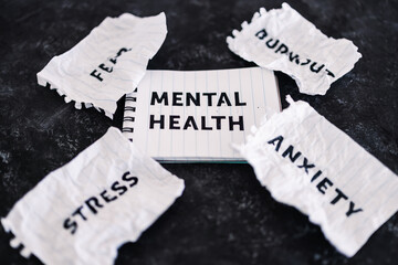 Mental health text on notepad surrounded by Fear Anxiety Stress and Burnout words on scrunched up...