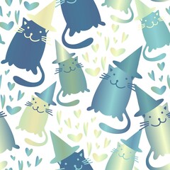 Vector seamless pattern cartoon decorative design cute cats in pastel tones with hearts