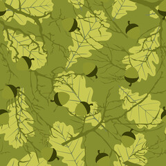 Forest camouflage from tree branches, acorns, leaves. Forest pattern. Print for clothes. Hunting and fishing.