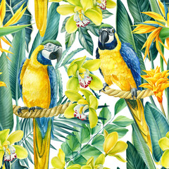 Seamless pattern of tropical leaves, orchid flowers and macaw parrots, jungle background, watercolor painting