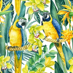 Tapeten Papagei Nahtloses Muster aus tropischen Blättern, Orchideenblüten und Ara-Papageien, Dschungelhintergrund, Aquarellmalerei