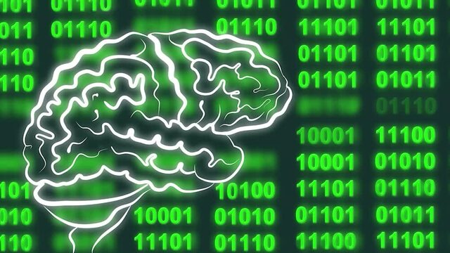 digital computer green binary matrix code and a schematic human brain picture Artificial Intelligence concept