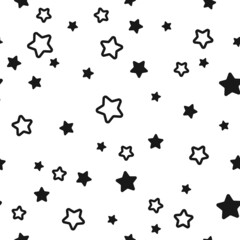 Seamless cute pattern with black stars on white background.