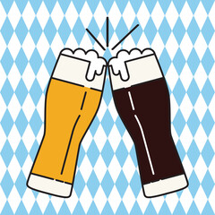 Two glasses clinking against the background of the Bavarian flag. Oktoberfest celebrations in Bavaria. Vector illustration isolated on a white background for design and web.