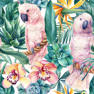 Tropical Leaves, Flowers And Pink Cockatoo Parrots, Jungle Background, Watercolor Painting. Seamless Pattern 