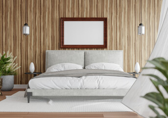 3D Modern interior of bedroom with mockup photo frame