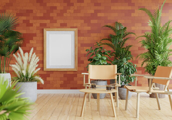 3D Modern interior of bedroom with mockup photo frame