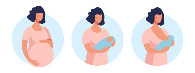 Pregnancy, childbirth and breastfeeding, periods of motherhood. A set of illustrations about a young mom, a woman is holding a newborn baby. Vector flat illustration.