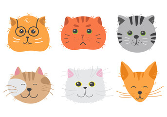 Obraz na płótnie Canvas Cute cats heads showing various emotions. Adorable doodle kitties with different face expression. Hand drawn vector illustration of childish pet characters