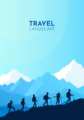 Sports team climb a mountain. Cooperation. Travel concept of discovering, exploring, observing nature. Hiking tourism. Adventure. Minimalist graphic flyers. Polygonal flat design. Vector illustration