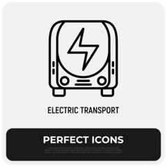 Electric transport thin line icon, front view of bus with electric symbol. Modern vector illustration.