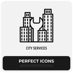 City services thin line icon, wrench between buildings. Reconstruction, renovation. Modern vector illustration